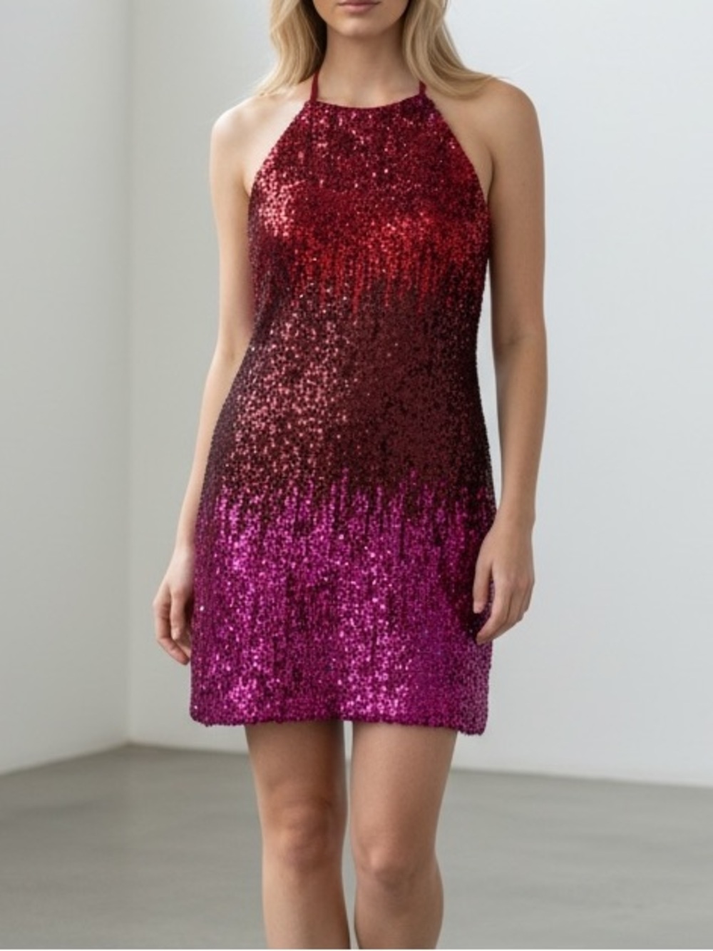 Ark & Co Red-to-Fuchsia Sequin Halter Mini Dress